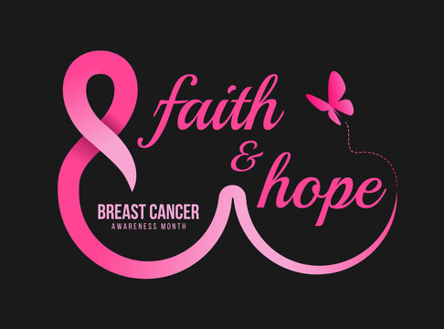 breast cancer awareness month - faith and hope text in pink ribbon roll made breast and butterfly on black background