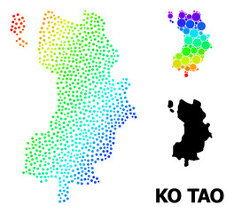 Obraz premium Dotted rainbow gradient, and monochrome map of Ko Tao, and black name. Vector structure is created from map of Ko Tao with round dots. Illustration for geographic purposes.