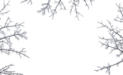 Frame of twigs tree covered snow on a white background with space for text