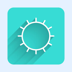 White line Sun icon isolated with long shadow. Summer symbol. Good sunny day. Green square button. Vector.