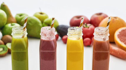 Close up composition of healthy detox juices and smoothies in bottles with paper straws, Various colorful fruits and vegetables isolated over white background