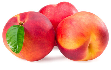 peach fruits with green leaf isolated on white background. full depth of field