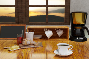 Black coffee in a white ceramic mug, gold-rimmed tableware and breakfast set, bread, butter, strawberry jam, and freshly brewed coffee maker. Mountain view outside the glass window. 3D Rendering