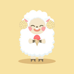 A little cute fluffy sheep standing eating pink ice cream