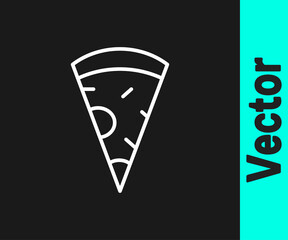 White line Slice of pizza icon isolated on black background. Fast food menu. Vector.