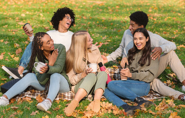Fototapeta premium Joyful friends talking and laughing, picnic at park