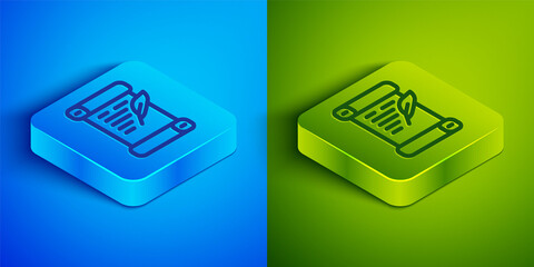 Isometric line Decree, paper, parchment, scroll icon icon isolated on blue and green background. Square button. Vector.