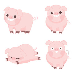 set of cute cartoon little chubby pink round pig .