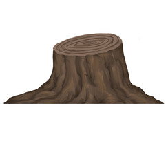 sawn off brown bark tree trunk stump hand drawn illustration isolated on white background - obrazy, fototapety, plakaty