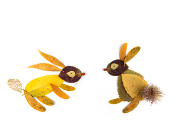 abstract bunny made of autumn leaves, foliage flat lay