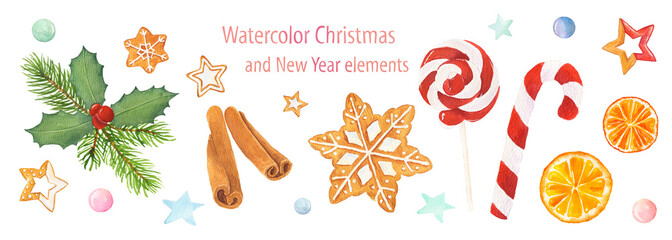 Set of watercolor Christmas elements isolated on white background.