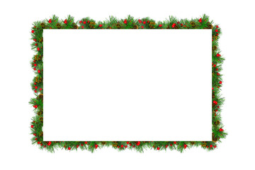 Frame of spruce branches with cones, white background.