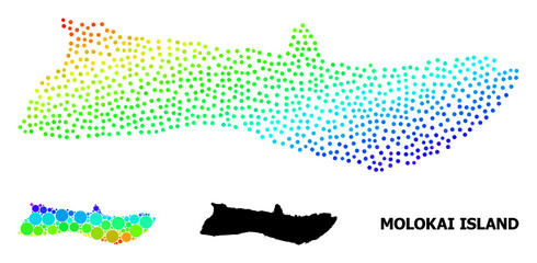 Pixelated rainbow gradient, and solid map of Molokai Island, and black caption. Vector structure is created from map of Molokai Island with spheres. Illustration is useful for geographic posters.