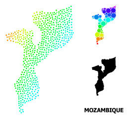 Pixelated rainbow gradient, and solid map of Mozambique, and black name. Vector structure is created from map of Mozambique with round dots. Abstraction for political templates.
