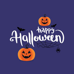 Halloween lettering with pumpkins and bats. illustration in flat style