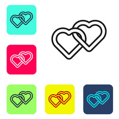 Black line Two Linked Hearts icon isolated on white background. Romantic symbol linked, join, passion and wedding. Valentine day symbol. Set icons in color square buttons. Vector.