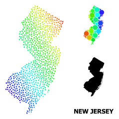 Pixelated spectral, and solid map of New Jersey State, and black title. Vector structure is created from map of New Jersey State with spheres. Collage is useful for geographic posters.