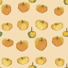 seamless background with bright holiday pumpkins for design. doodles