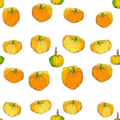 vector seamless background with bright holiday pumpkins for design. doodles