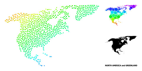 Pixelated rainbow gradient, and solid map of North America and Greenland, and black title. Vector model is created from map of North America and Greenland with circles.
