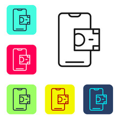 Black line Mobile banking icon isolated on white background. Transfer money through mobile banking on the mobile phone screen. Set icons in color square buttons. Vector.
