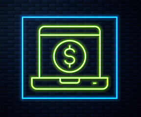 Glowing neon line Laptop with dollar icon isolated on brick wall background. Sending money around the world, money transfer, online banking, financial transaction. Vector.