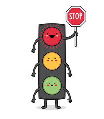 Fototapeta premium Cute Street Light Cartoon Character holding a stop sign