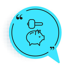 Black line Piggy bank and hammer icon isolated on white background. Icon saving or accumulation of money, investment. Blue speech bubble symbol. Vector.