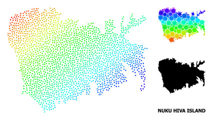 Obraz premium Dotted spectral, and solid map of Nuku Hiva Island, and black tag. Vector model is created from map of Nuku Hiva Island with circles. Abstraction is useful for political ads.