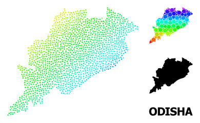 Dotted spectral, and monochrome map of Odisha State, and black tag. Vector structure is created from map of Odisha State with round dots. Abstraction is useful for geographic aims.