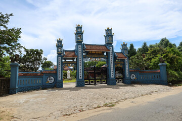Hoi An, Vietnam, October 4, 2020: Main entrance gate of Chua Van Duc Temple in Hoi An