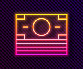 Glowing neon line Stacks paper money cash icon isolated on black background. Money banknotes stacks. Bill currency. Vector.
