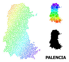 Obraz premium Dotted bright spectral, and solid map of Palencia Province, and black title. Vector model is created from map of Palencia Province with round dots. Illustration is useful for political purposes.