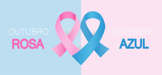 Pink and blue awareness ribbon vector. Breast and prostate cancer together in heart shape. Pink October blue November concept.