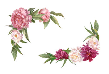 watercolor flower arrangement, frame, wreath with flowers and leaves of peonies