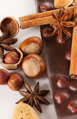 Chocolate with cinnamon nuts. Autumn concept.