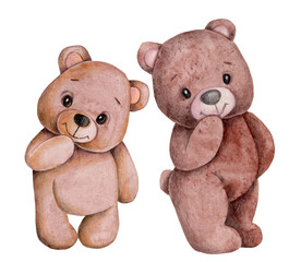 2 cute cartoon brown teddy bears. Watercolor hand drawn art, isolated on white background.