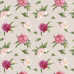 Behang watercolor seamless pattern with peonies, peony flowers and leaves © Valentina