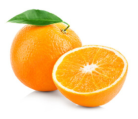 Fresh orange with leaves isolated on white. Orange fruit isolate.