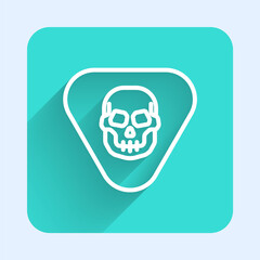 White line Guitar pick icon isolated with long shadow. Musical instrument. Green square button. Vector.