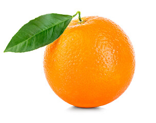 Fresh orange with leaves isolated on white. Orange fruit isolate.