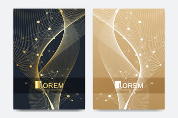 Modern vector template for brochure, Leaflet, flyer, advert, cover, catalog, magazine or annual report in the A4 size. Golden waves. Scientific golden cybernetic dots. Lines flow plexus. Card surface.