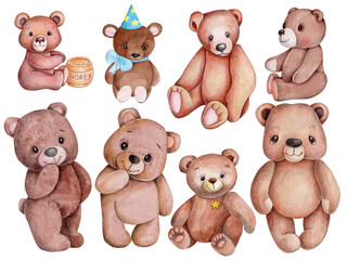 Set of cute cartoon brown teddy bears. Watercolor illustration, isolated.