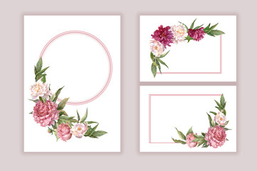 set watercolor flower arrangement, frame, wreath with flowers and leaves of peonies