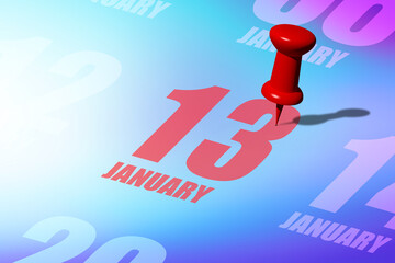 january 13th. Day 13 of month, Red date written and pinned on a calendar to remind you an important event or possibility. winter month, day of the year concept