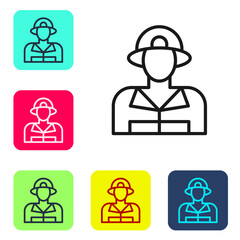 Black line Firefighter icon isolated on white background. Set icons in color square buttons. Vector.