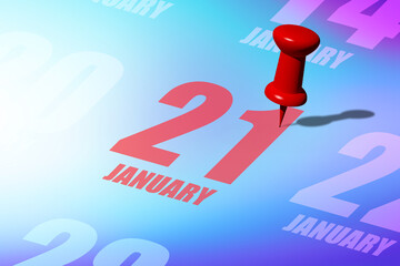 january 21st. Day 20 of month, Red date written and pinned on a calendar to remind you an important event or possibility. winter month, day of the year concept