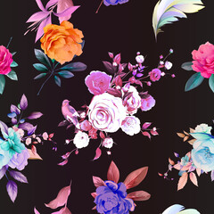 Seamless floral background pattern. Peony branсhes with flowers and leaves on black. Abstract pattern for textile, fabric and other prints purpose. Hand drawn vector - stock.