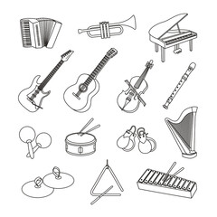 Instrumentos musicales. Guitarra, batería, piano, trompeta, violín, castañuelas y muchos más. Ilustración vectorial en blanco y negro.