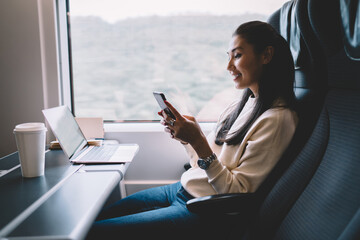 Cheerful ethnic lady messaging on smartphone in train